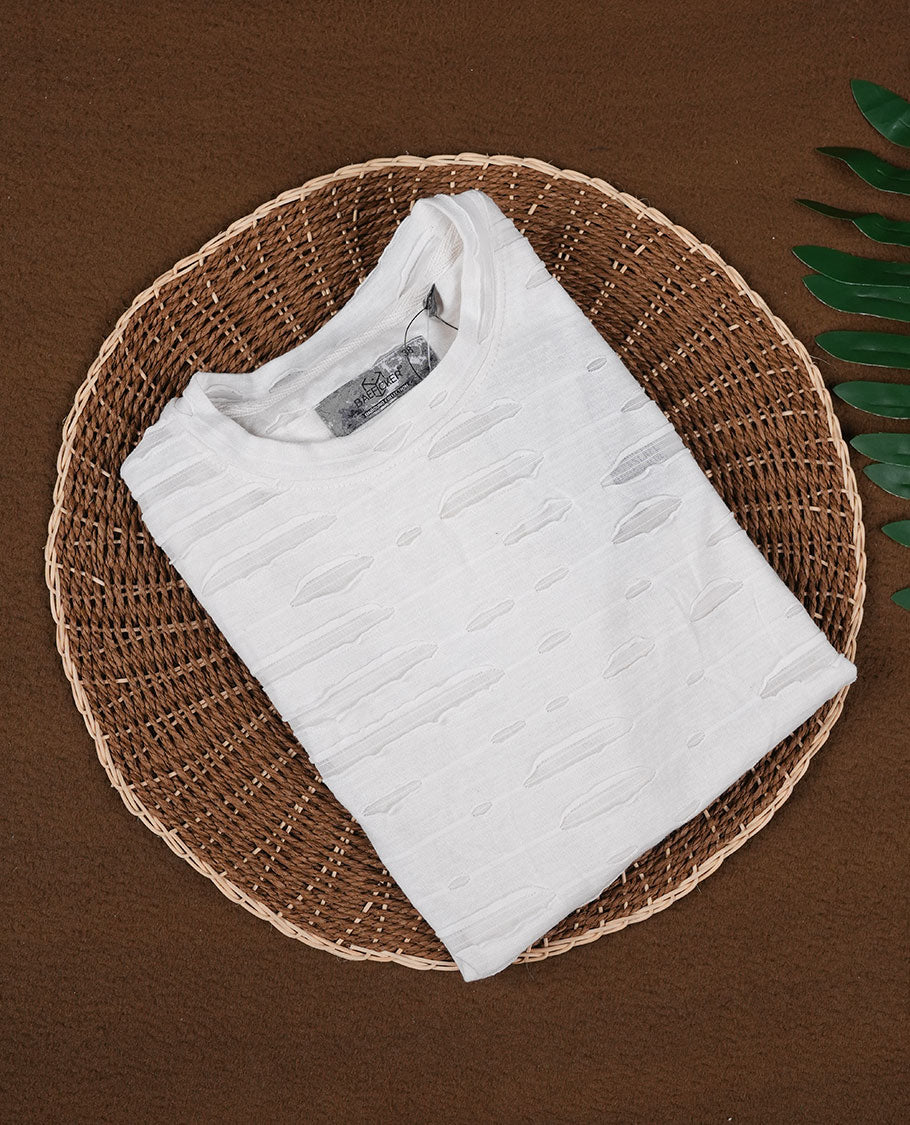 Off white colour textured T shirt featuring a crew neck and short sleeves, Made from lightweight, breathable fabric with a unique distressed pattern that adds a modern, casual edge to your everyday look.