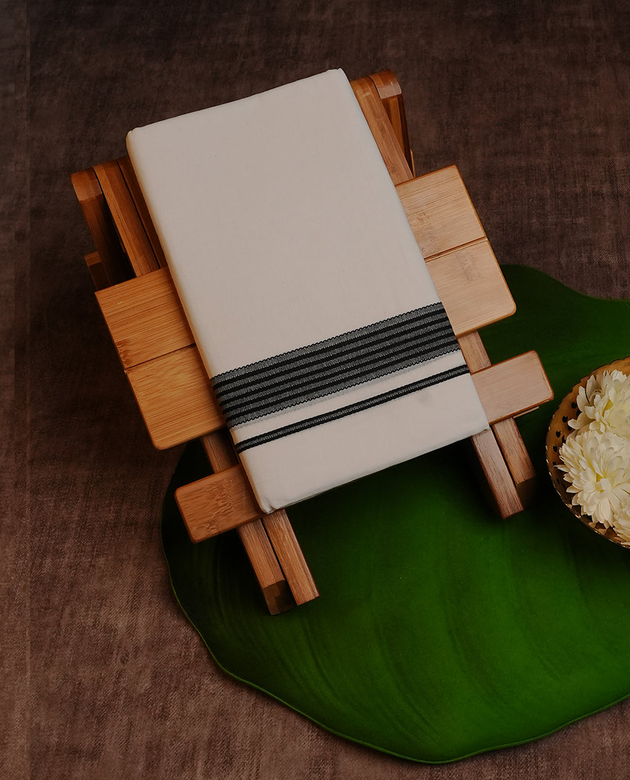 White Colour Cotton Double Dhoti Finished With A Classic Body and Black & Grey  Striped Kara