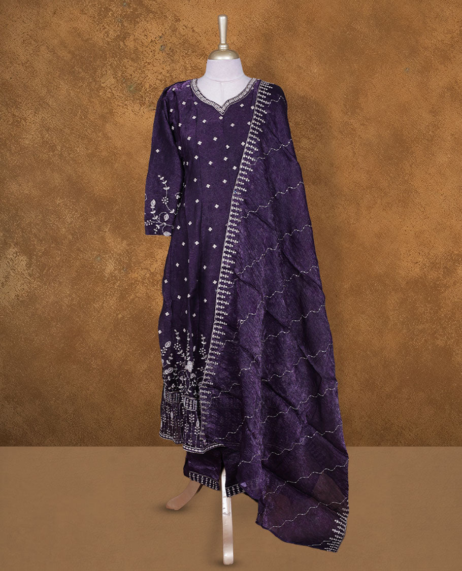 Dark Purple colour churidar set featuring thread and embroidered and beats pattern neckline, sleeves, and thread embroidery on body , Paired with a matching dupatta