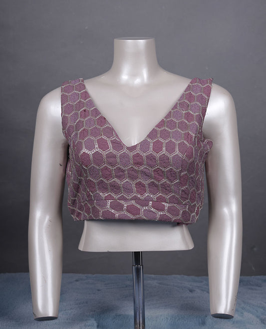 Lavender & pastel onion colour padded blouse with gold hexagon weave, sleeveless V-neck, and deep V-back with tie-up tassels.