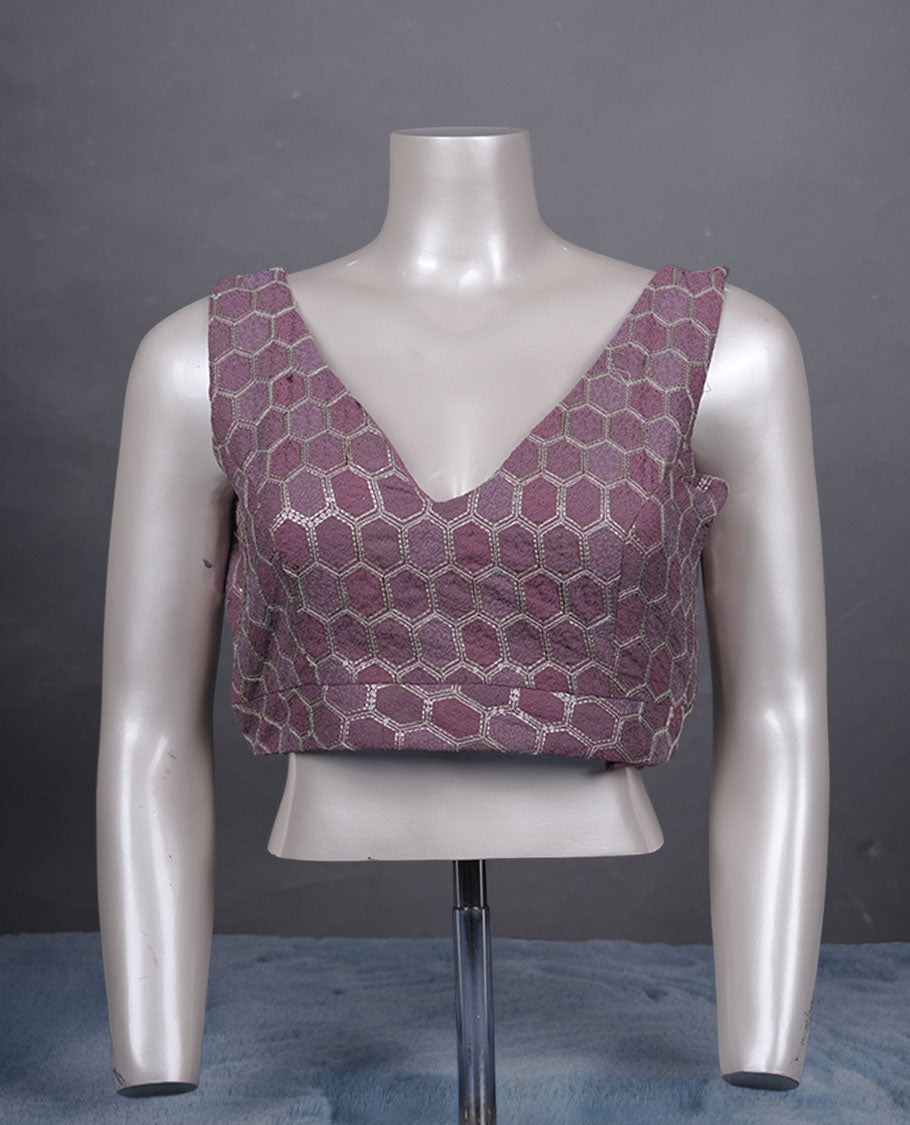 Lavender & pastel onion colour padded blouse with gold hexagon weave, sleeveless V-neck, and deep V-back with tie-up tassels.