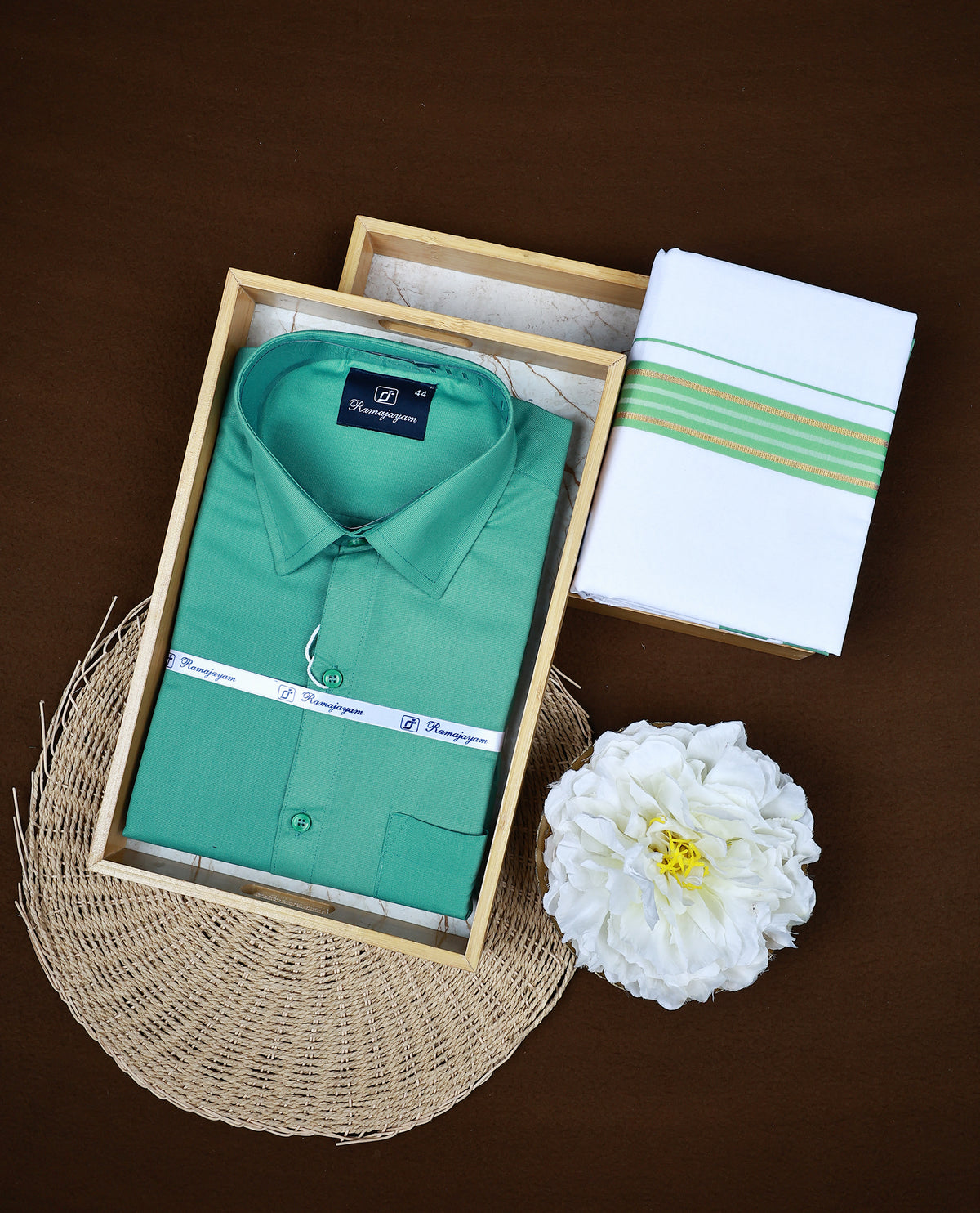 Green colour RAMAJAYAM shirt paired with a matching dhoti, finishing with a Green & gold kara