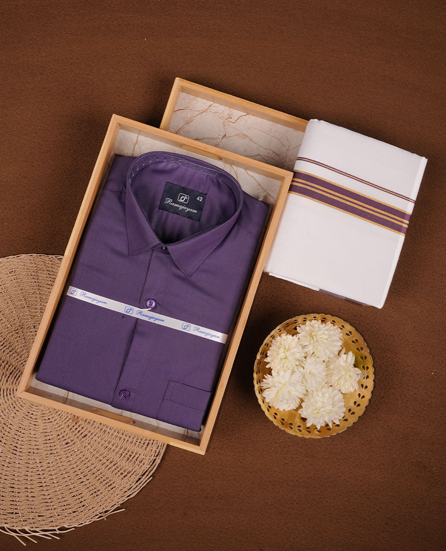 Grape Purple Colour shirt paired with a matching dhoti, finished with a purple and gold border.