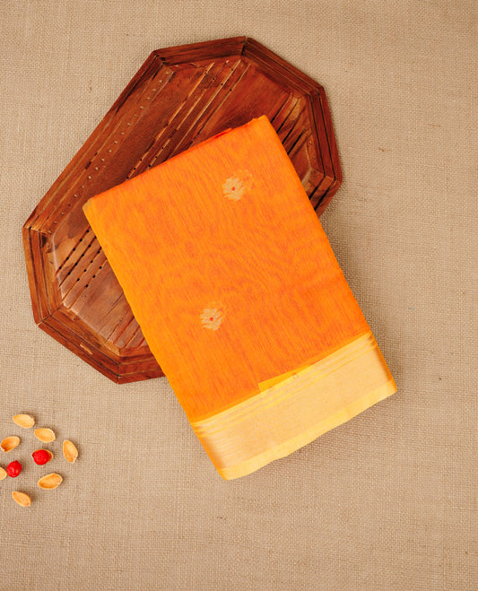 Orange colour Maheshwari cotton saree, gold zari floral motifs on body, complement light orange colour gold zari border comes with matching blouse.