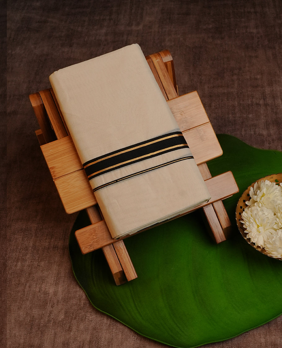 Cream  Colour Cotton Double Dhoti Finished With A Classic Black & Gold Kara