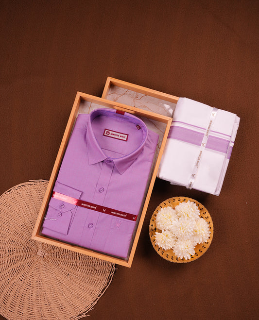Violet Colour MINISTER WHITE shirt paired with a matching dhoti, finished with a Violet colour border.