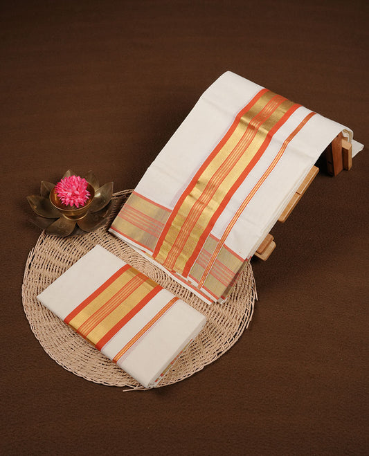 Off white colour cotton set mundu highlights gold and orange zari border (2.00/2.80 MTS)