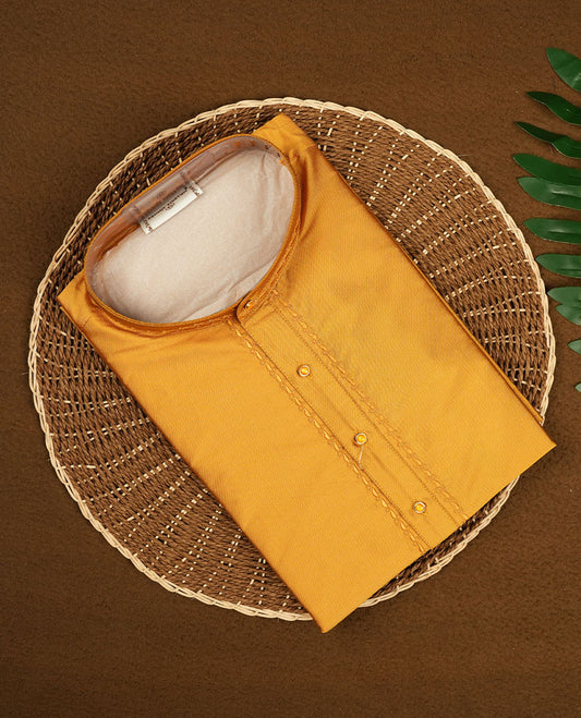 Yellow colour mens kurta featuring elegant embroidery on the neckline & Crafted in a refined style with full sleeves, offering a perfect blend of tradition.