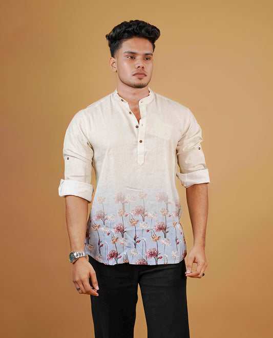 Cream colour men's kurta featuring elegant Print on the body, complemented by sleeves for a refined and festive look.