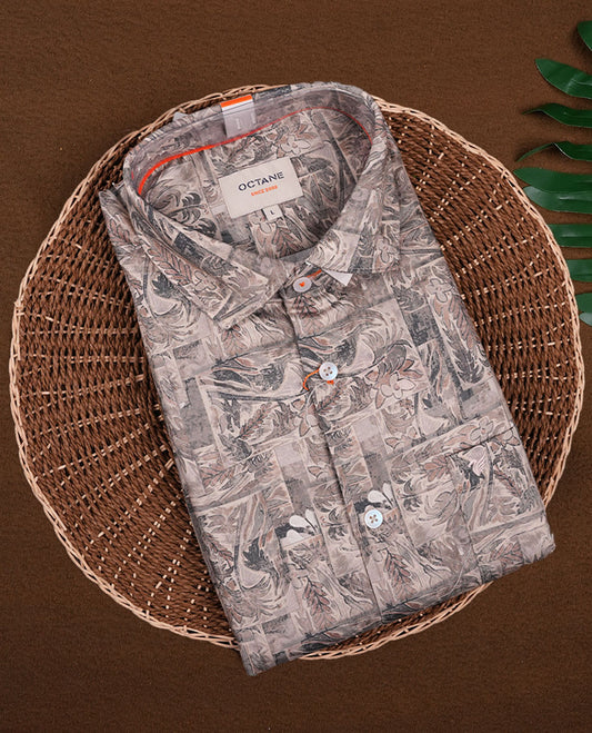Light Brown with Multi Colour Floral Printed OCTANE Full Sleeve Shirt for Men