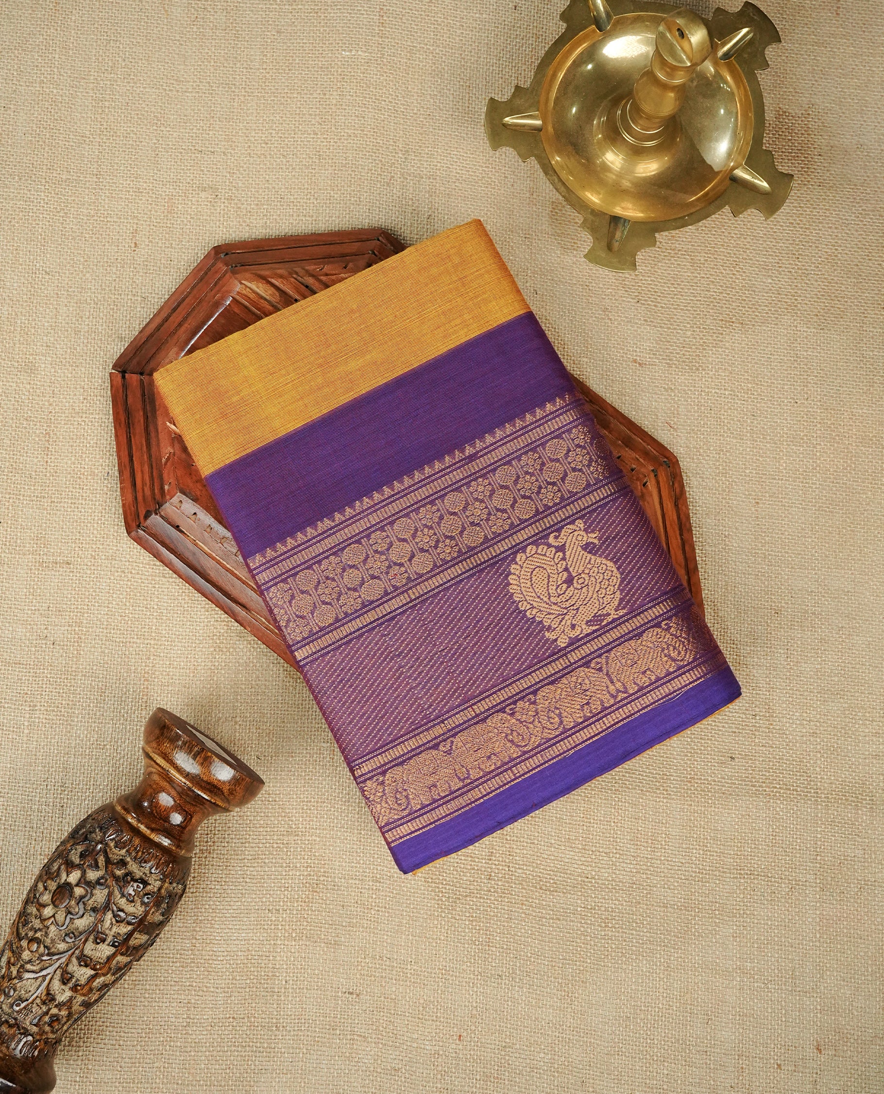 Olivr & Red Colour Chettinad Cotton Saree Featuring a Plain Body, Complemented by a Violet Colour Border with Peacock Pattern Gold Zari, Paired with a Matching Blouse Piece.
