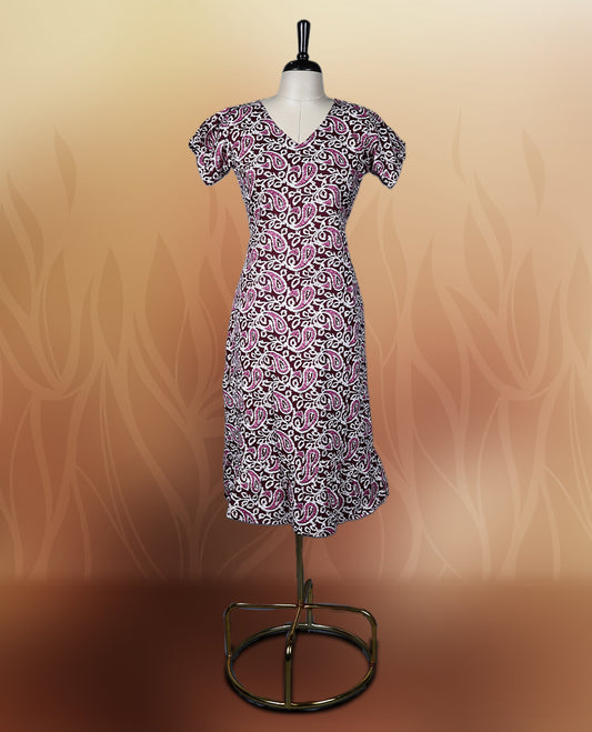 Chic printed nightwear featuring a deep grape colour and white paisley design, V neckline and short sleeves offer comfort, while the flared hem adds grace & Perfect for everyday wear or semi casual occasions.