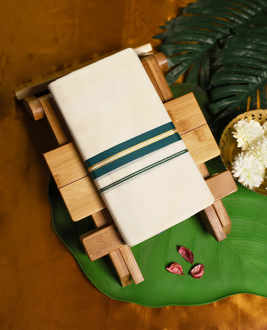 Ivory white pure cotton double dhoti designed with an elegant teal and gold zari border, blending traditional charm with breathable comfort, perfect for festive and cultural occasions.