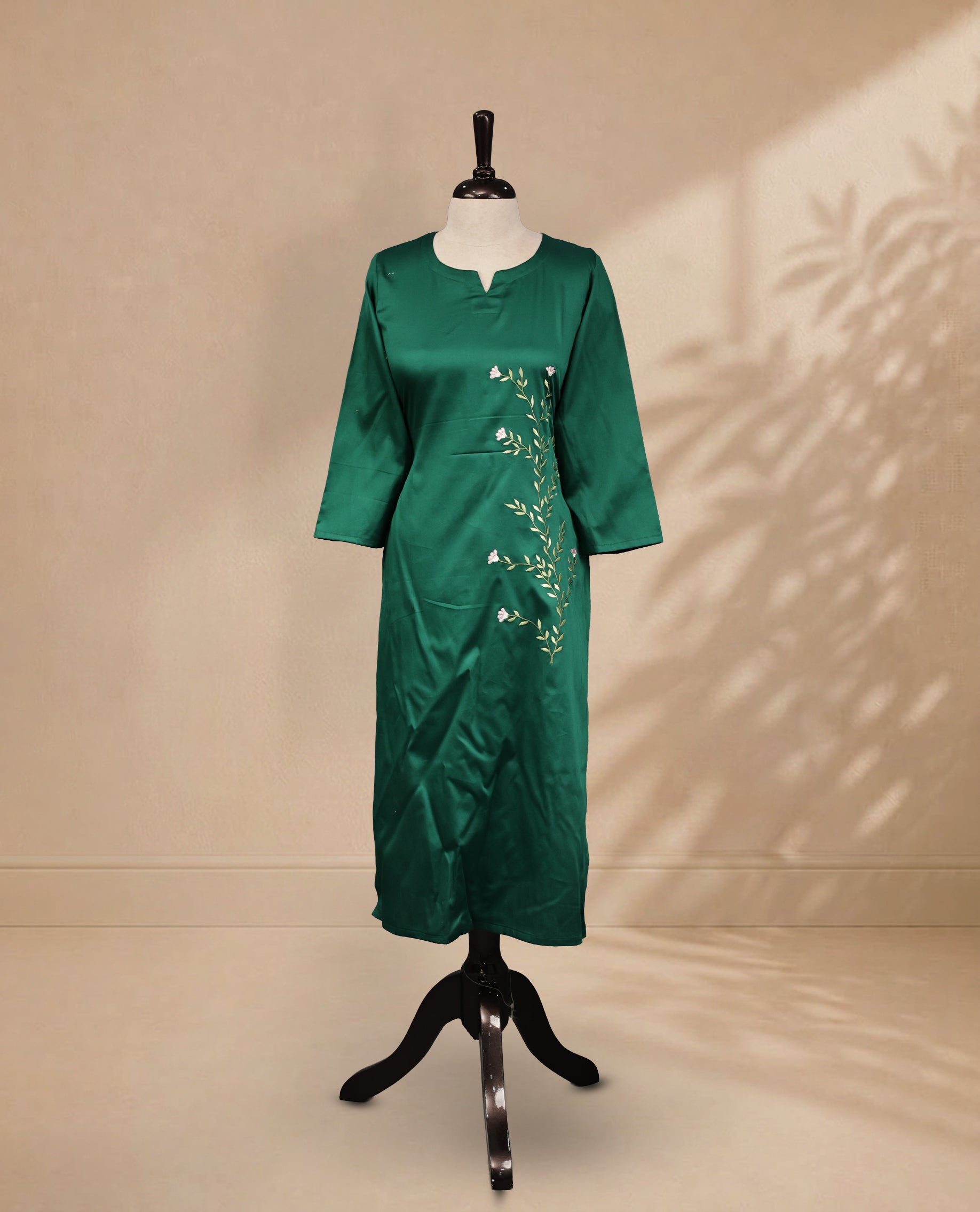 Peacock Green Colour Kurti Featuring U-Shaped Neckline, delicate  floral vine embroidery Work On Body & Sleeve