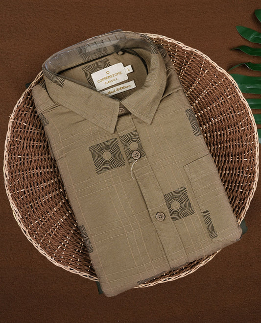 Pastel brown colour shirt featuring a modern geometric square print and subtle grid texture, Designed with full sleeves and a chest pocket & its ideal for both casual days and laid back evenings.