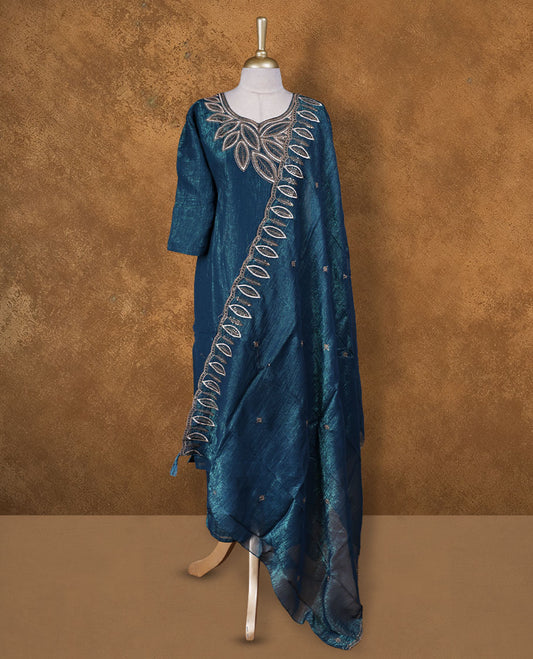 Navy blue colour churidar set featuring thread and embroidered Leaf pattern neckline, sleeves, and thread embroidery on body , Paired with a matching dupatta