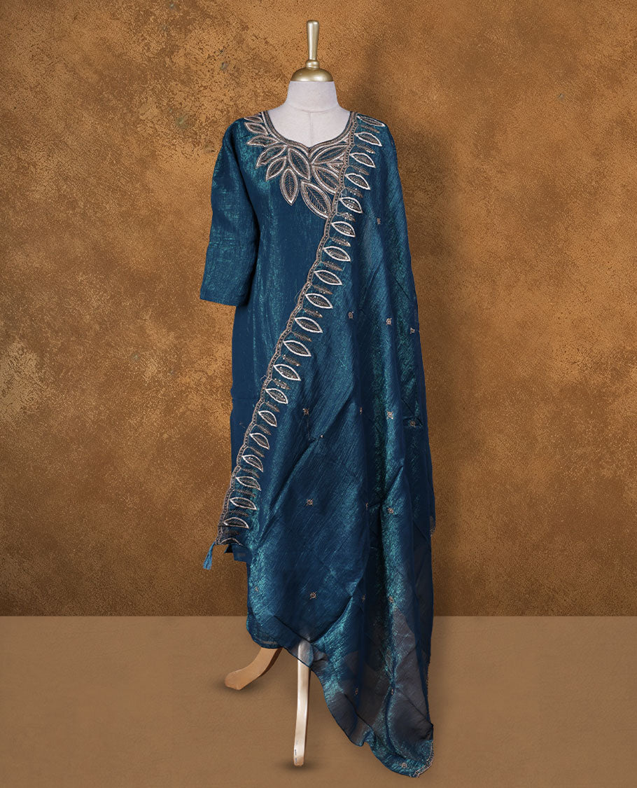 Navy blue colour churidar set featuring thread and embroidered Leaf pattern neckline, sleeves, and thread embroidery on body , Paired with a matching dupatta
