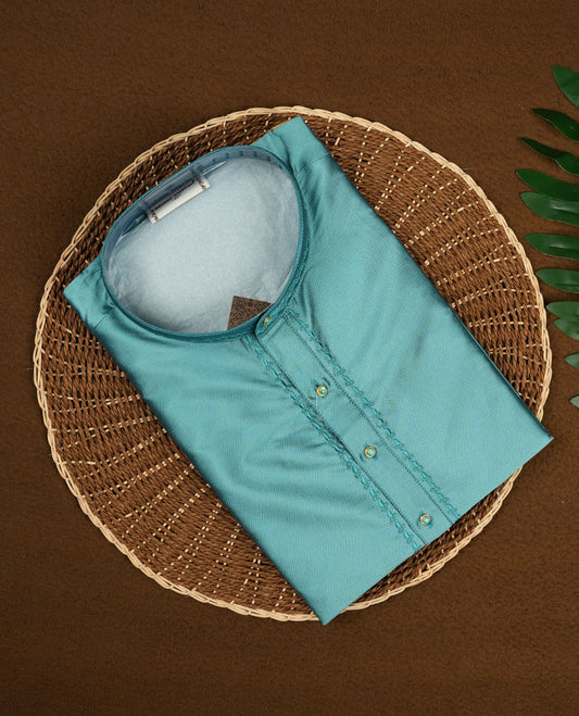 Sky Blue colour mens kurta featuring elegant embroidery on the neckline & Crafted in a refined style with full sleeves, offering a perfect blend of tradition.