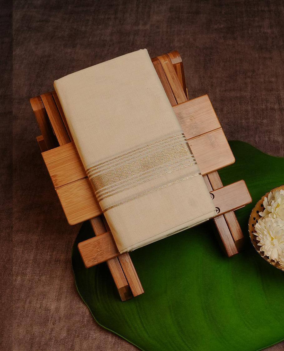Cream colour Cotton Double dhoti featuring plain with  light Gold  kara.