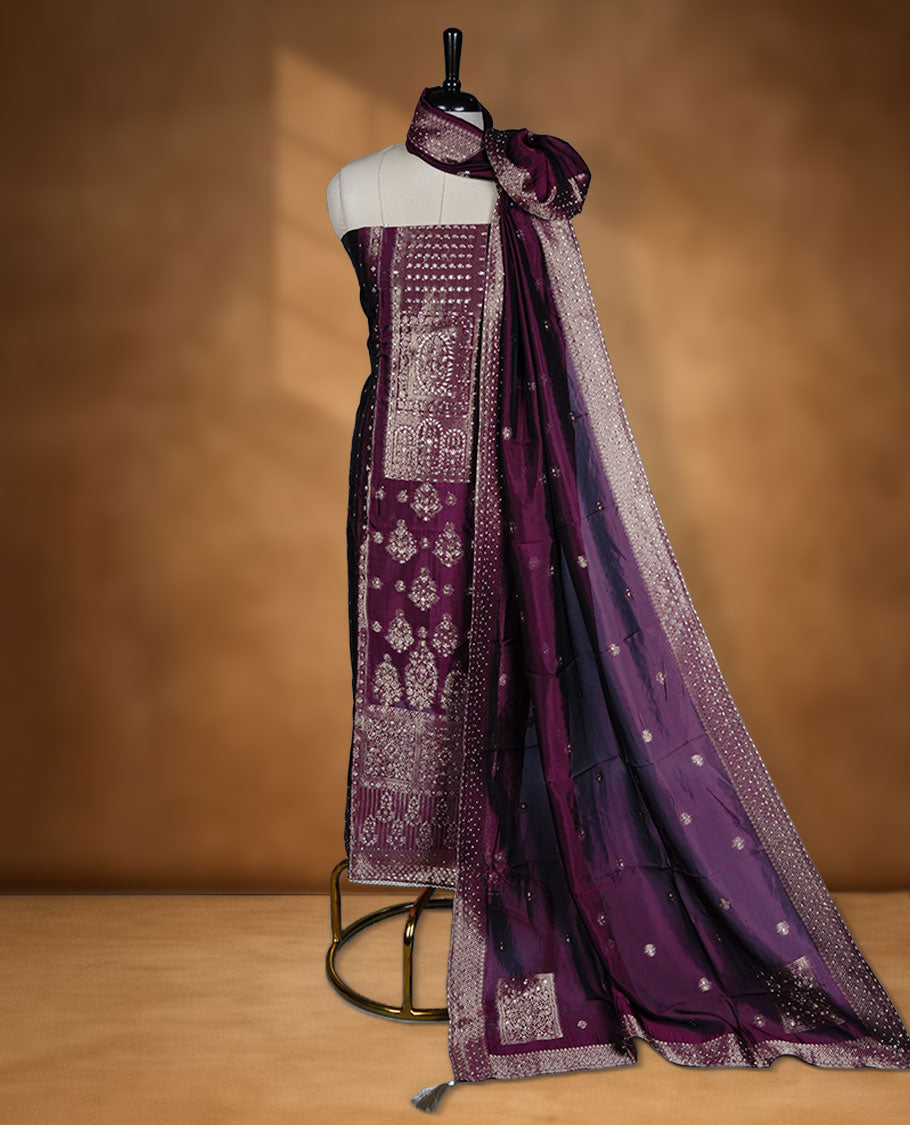 Dark wine colour semi silk salwar material banarasi design highlighting stone work and dupatta, matching plain bottom