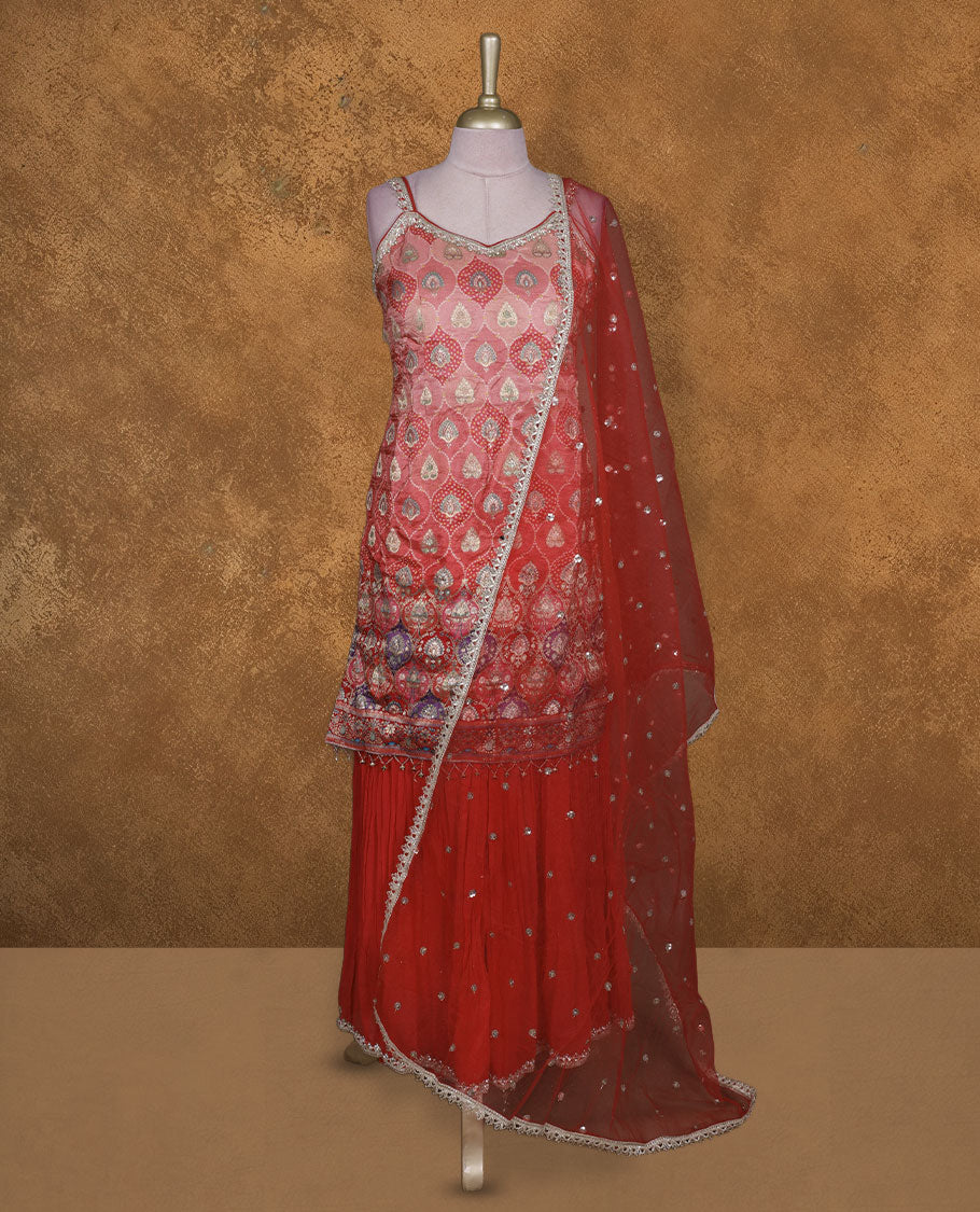 Red colour sharara set adorned with intricate light gold embroidery and sequins work & The fitted embellished top pairs beautifully with the flared bottoms and matching dupatta.