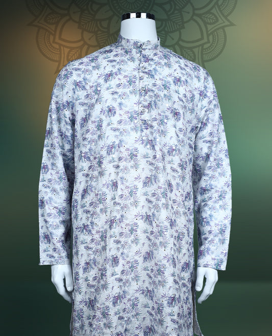 White cotton kurta adorned with subtle floral prints in shades of purple and blue, featuring a mandarin collar, buttoned placket, and full sleeves, designed for festive and semi-formal occasions.