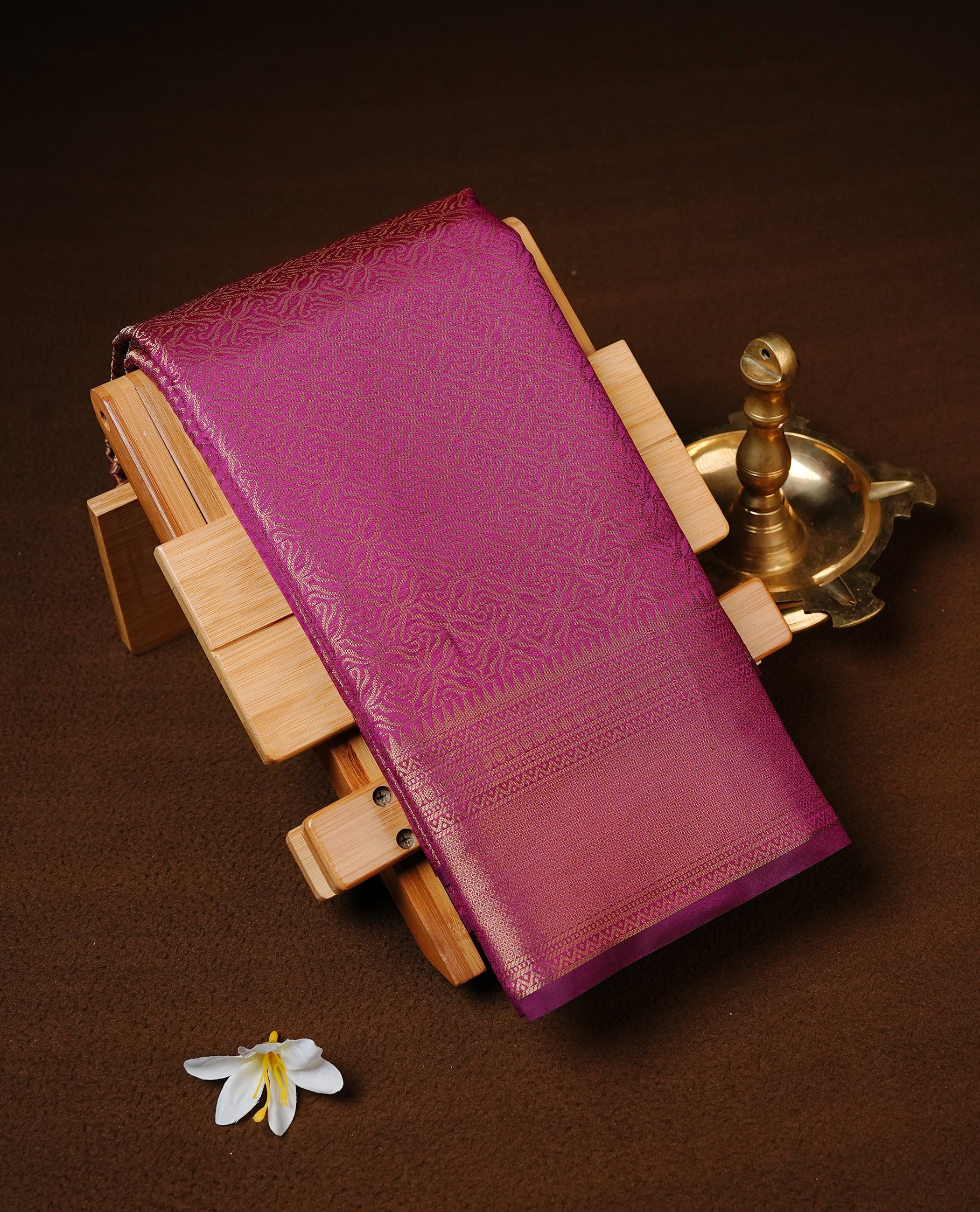 Purple Green colour Semi Wedding silk saree featuring gold zari kodi pattern across body, complemented by self colour with traditional border, paired with matching blouse piece.