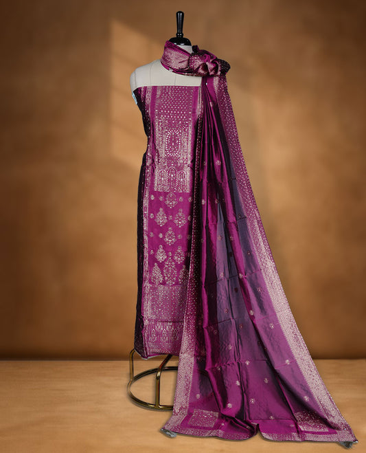 Wine colour semi silk salwar material banarasi design highlighting stone work and dupatta, matching plain bottom