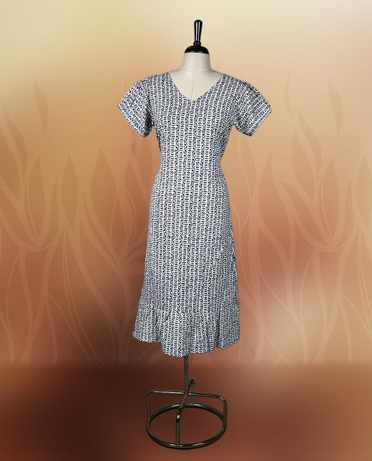 Off white, blue & black colour paisley print night wear with a flattering V neckline & Designed for comfort & style, A perfect pick for casual days, summer outings, or light festive wear.