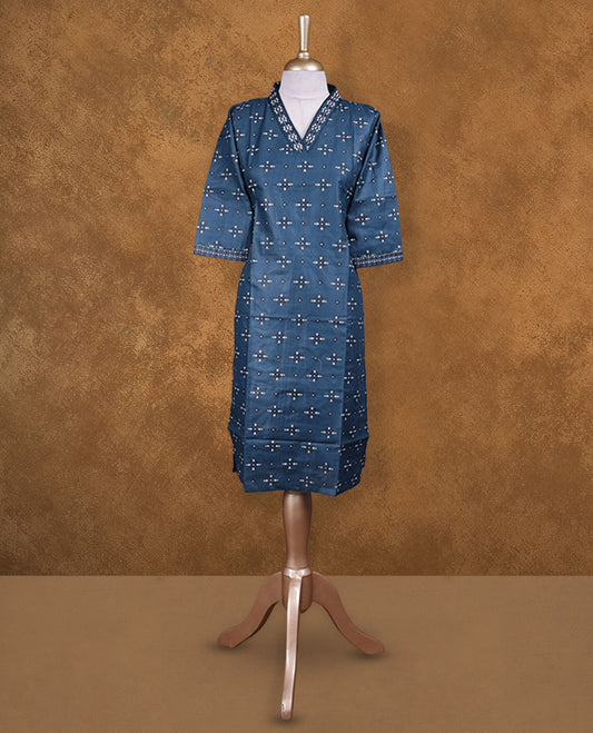 Dark green colour kurti with styled with a thread pattern around neckline, print on body knee length design, and a sleeve .