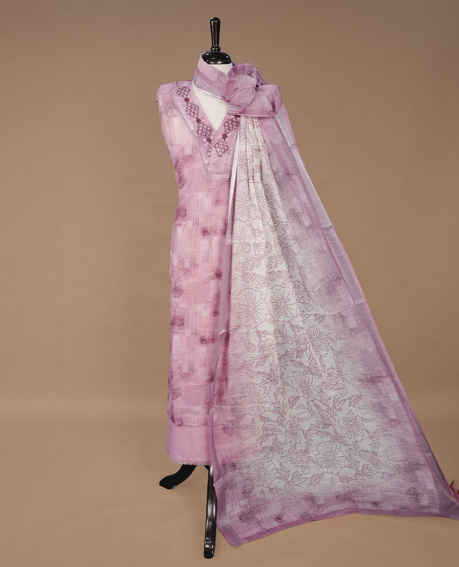 Mauve colour churidhar material featuring printed body thread worked neckline, paired with matching bottom and Dupatta.