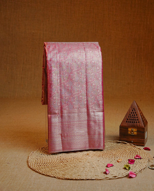 Magenta & Light gold colour Double shade Semi tissue silk saree featuring gold zari kodi pattern on body, self colour with traditional border, paired with matching.