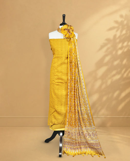 Mustard Colour Salwar Material Featuring Thread & Hokoda Body, Paired with matching bottom & Printed Design Dupatta.
