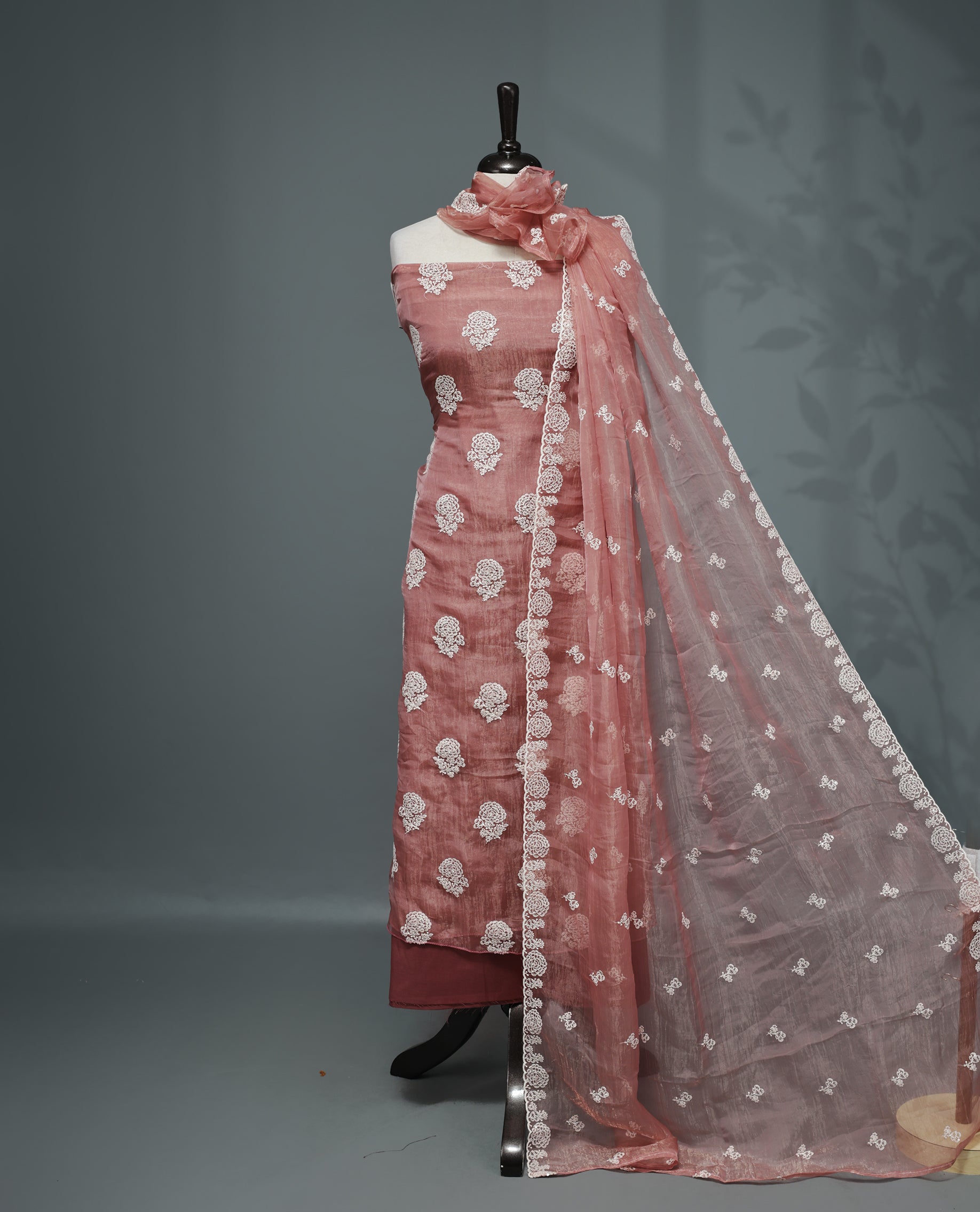 Onion pink Colour Organza  Salwar material Featuring White Embroidery Work On body & Matching Organza Dupatta with Same work & Scallop border, matching bottom.