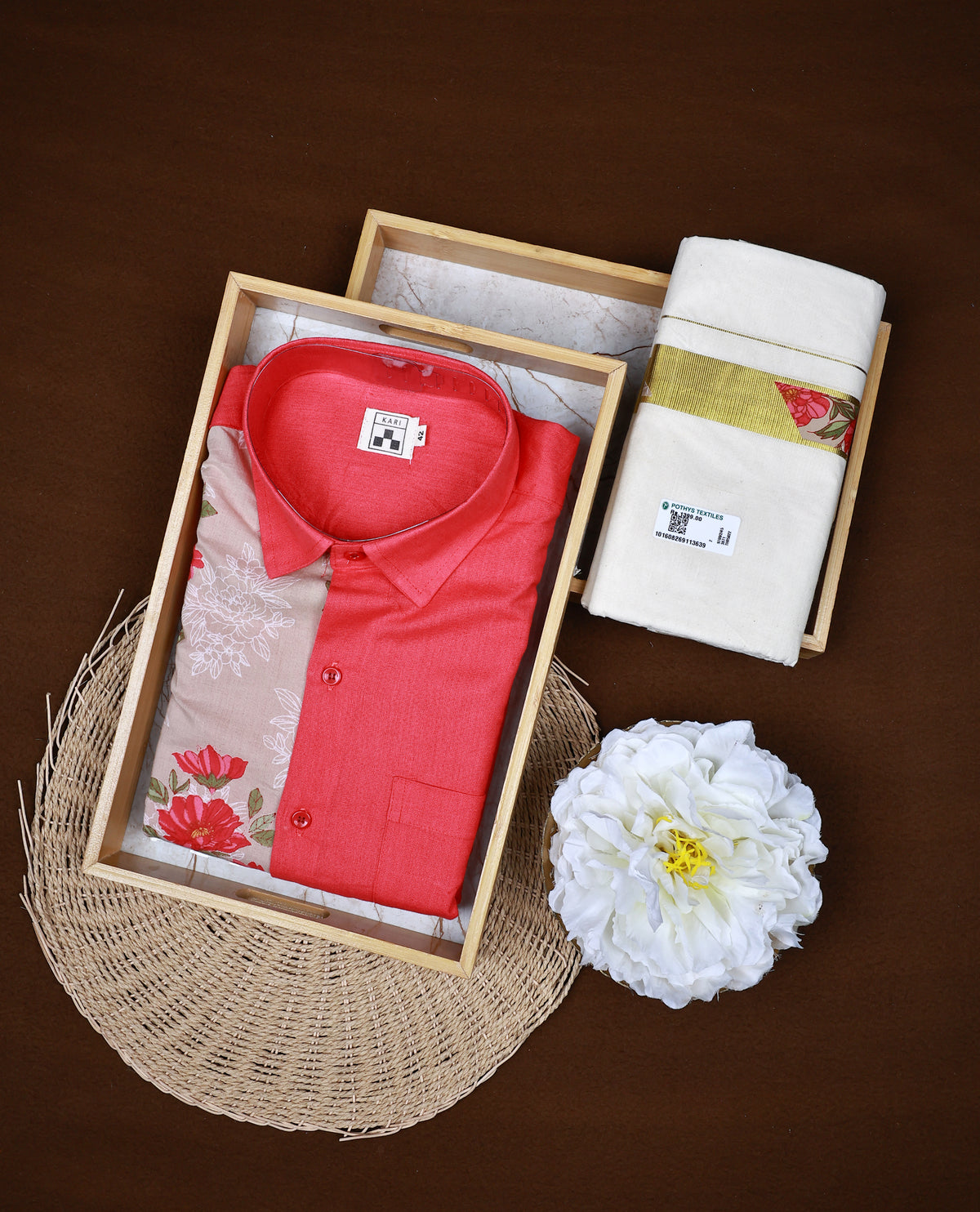 Half an Half Pink &  light coffee brown Floral Printed KARI Shirt paired with a Cream Dhoti, elegantly finished with a matching gold with floral kara.
