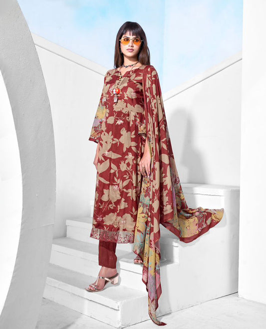 Rust maroon colour pure muslin suit set featuring beige digital floral printed top featuring sequin butti embroidery and a scalloped floral embroidered border, paired with a dyed pure viscose muslin bottom and a digital printed dupatta.