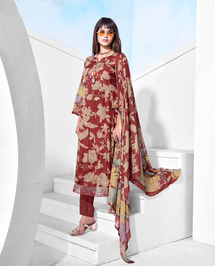 Rust maroon colour pure muslin suit set featuring beige digital floral printed top featuring sequin butti embroidery and a scalloped floral embroidered border, paired with a dyed pure viscose muslin bottom and a digital printed dupatta.