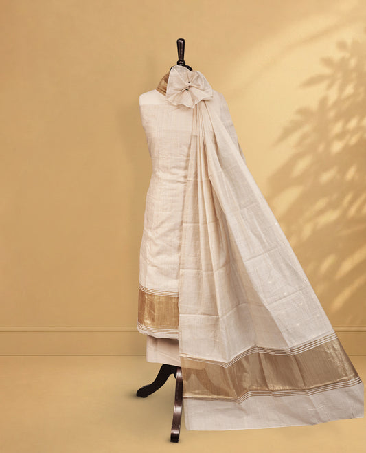 Cream colour Mul Chanderi Salwar Material Featuring Gold zari buttas on body and Gold zari border, Same mul chanderi Zari buttas Dupatta, comes with santoon bottom.