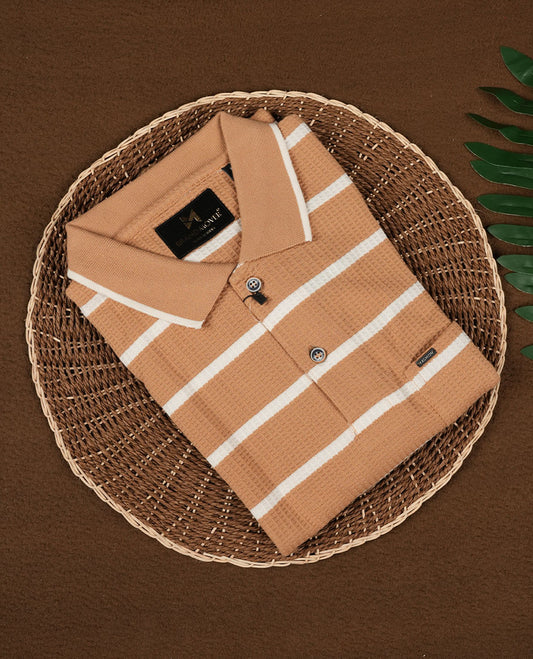 Biscuit with White Striped BRANDMOVER Half Sleeve T-Shirt for Men