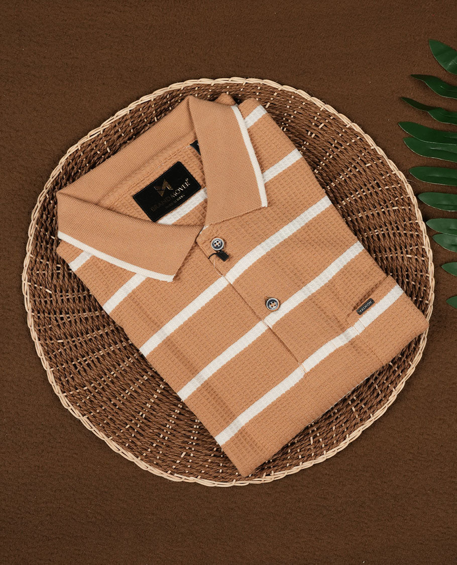 Biscuit with White Striped BRANDMOVER Half Sleeve T-Shirt for Men