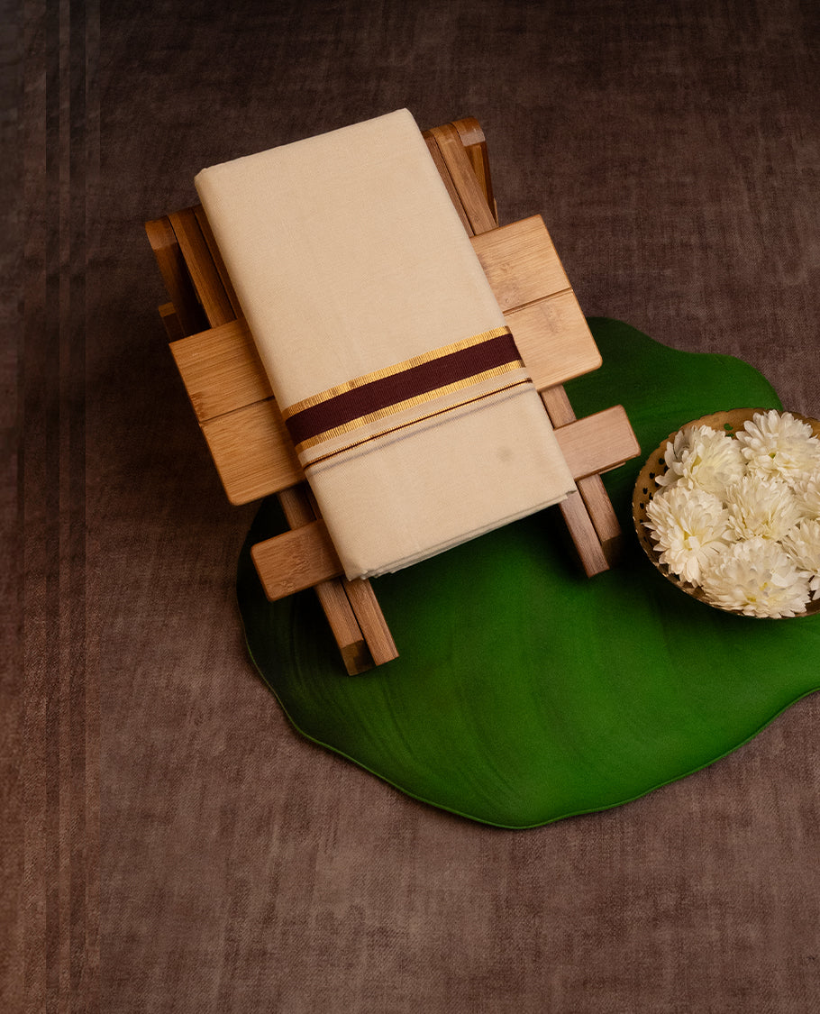 Cream Colour Cotton Double Dhoti Finished With Maroon & Gold kara.