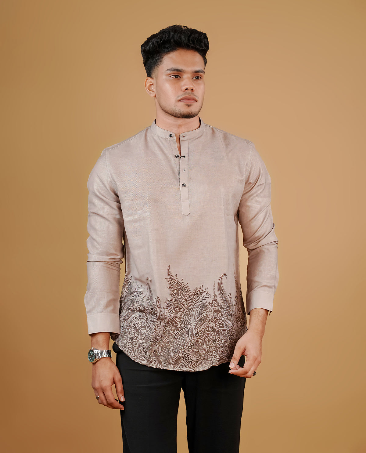 Greenish cream colour men's kurta featuring elegant Print on the body, complemented by sleeves for a refined and festive look.