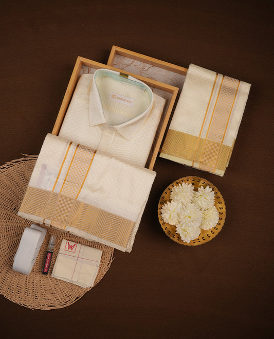 Cream gold colour MINISTER WHITE shirt paired with a matching dhoti, finishing with a gold border