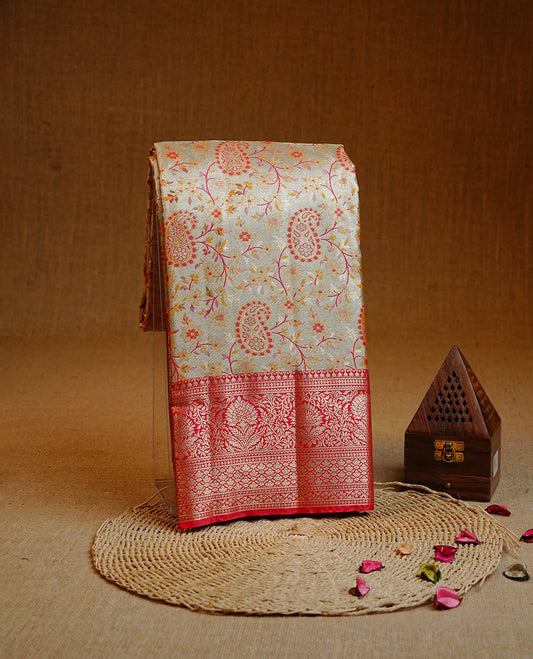 Light gold colour Semi tissue silk saree featuring Gold & Red zari kodi pattern on body, Contrast Red colour with traditional border, paired with matching.