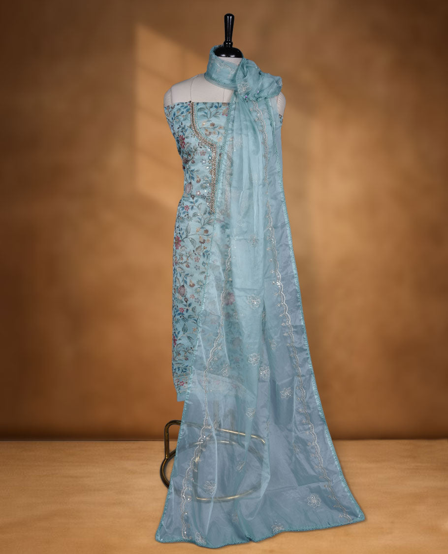 Light Powder blue colour salwar material floral print and thread work on the body, beats and stone on neckline and dupatta with sequence and gold thread work, paired with a plain bottom.