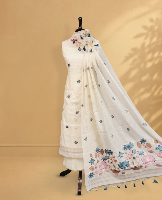 Cream colour salwar material Featuring Blue Colour Floral motifs on body, paired with matching bottom & Elegant Dupatta