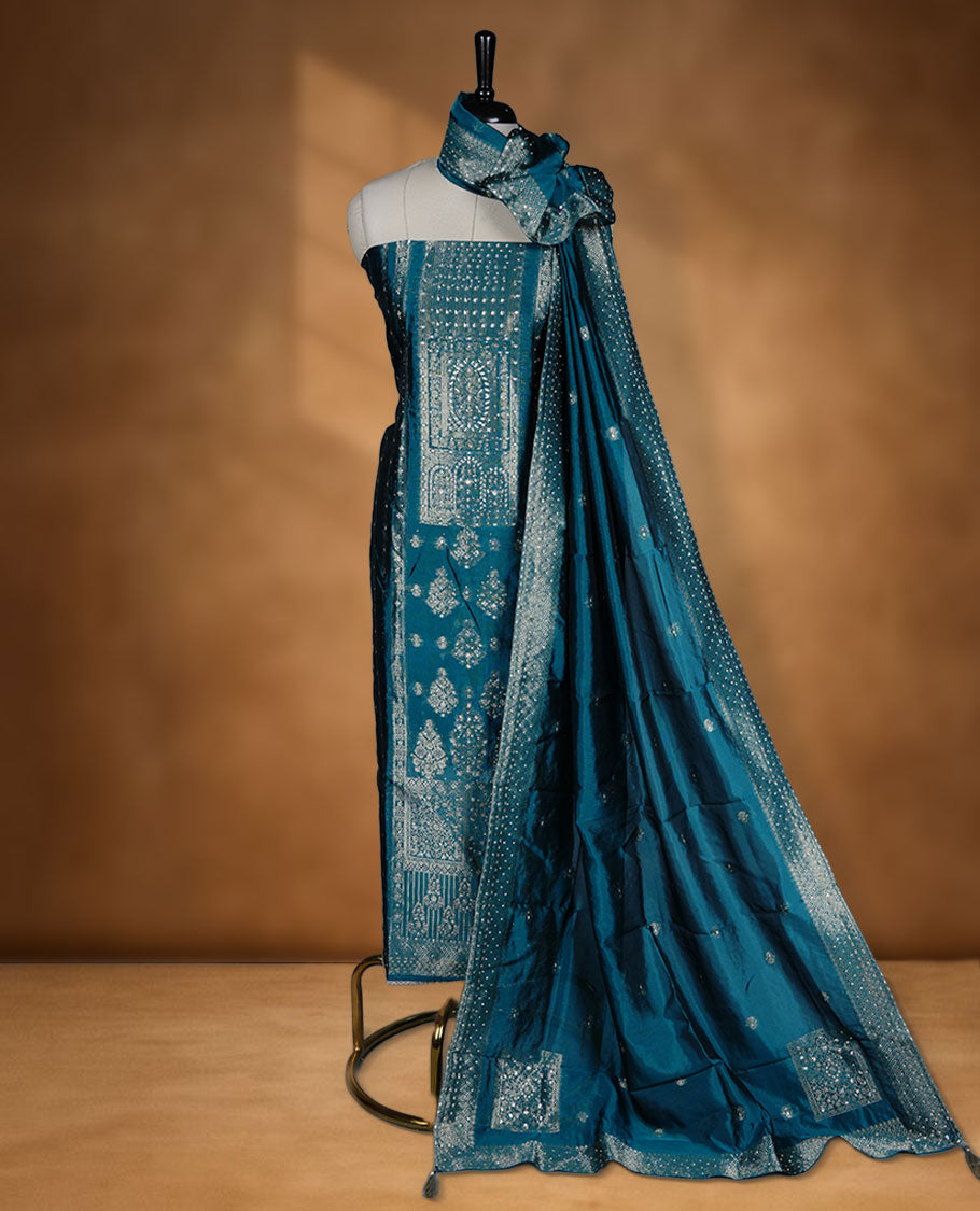 Teal colour semi silk salwar material banarasi design highlighting stone work and dupatta, matching plain bottom