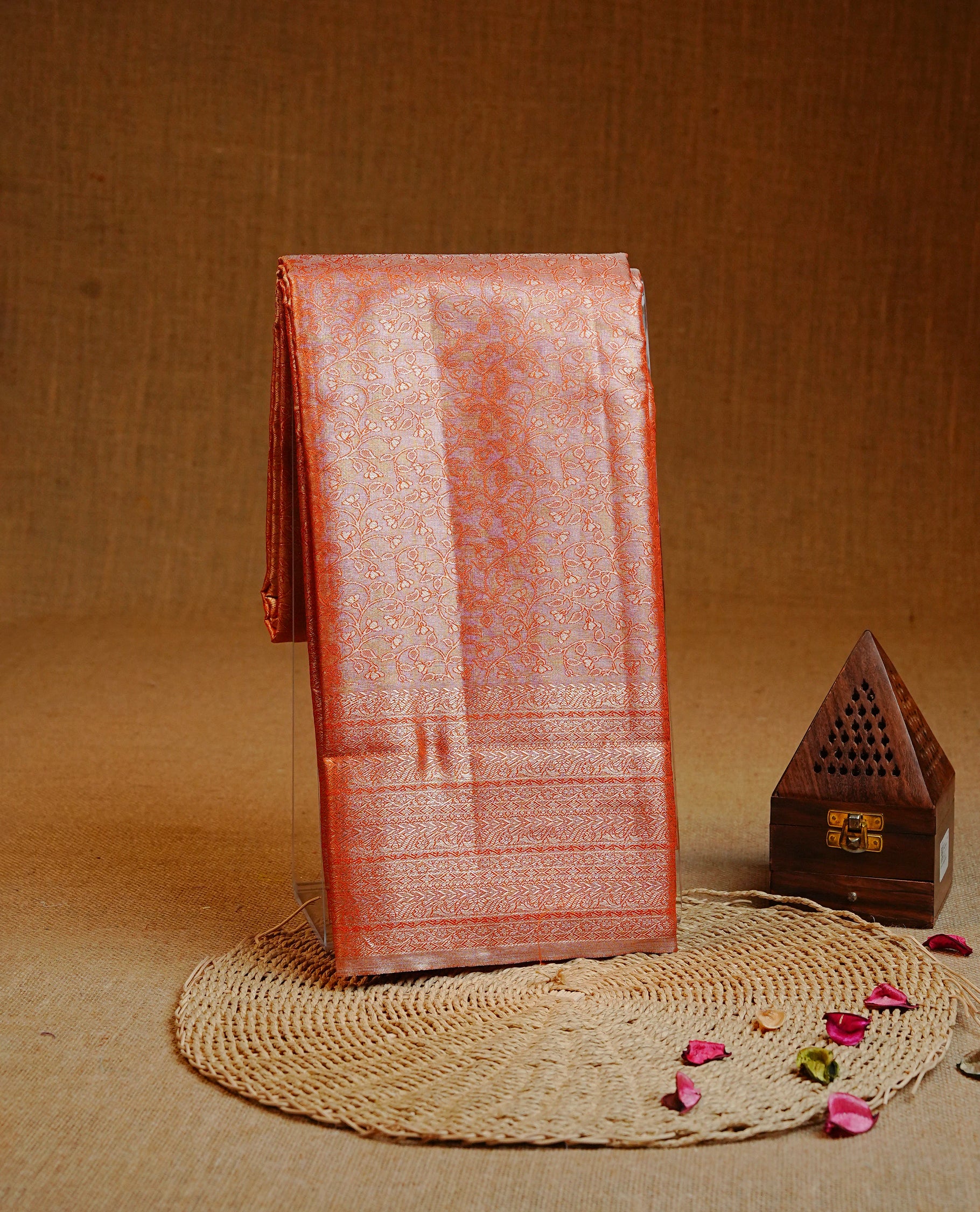 Orange & Light Gold colour Double shade Semi tissue silk saree featuring self color kodi pattern on body, self colour with traditional border, paired with matching.