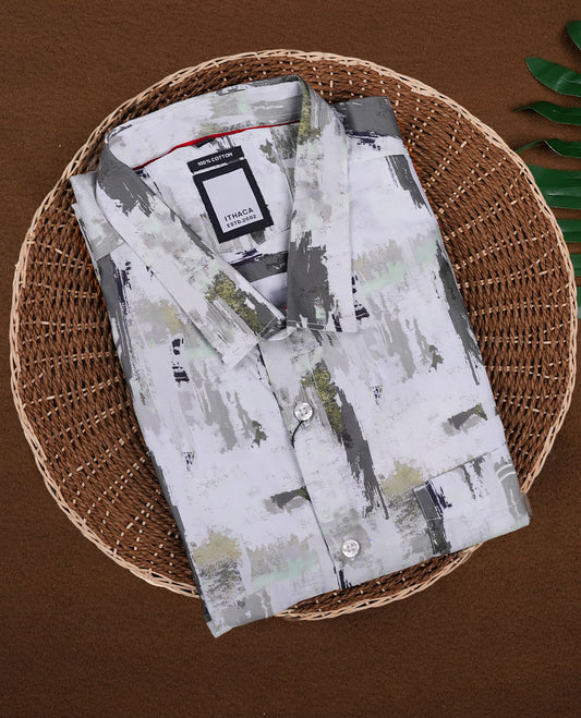 White with Green Shade Printed ITHACA Half Sleeve Cotton Shirt for Men