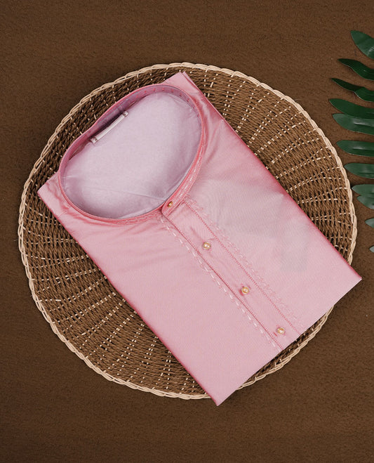 Pink colour mens kurta featuring elegant embroidery on the neckline & Crafted in a refined style with full sleeves, offering a perfect blend of tradition.